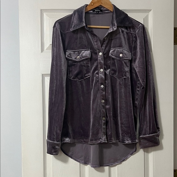 Velvet Button-Up Blouse - Purple - Picture 1 of 5
